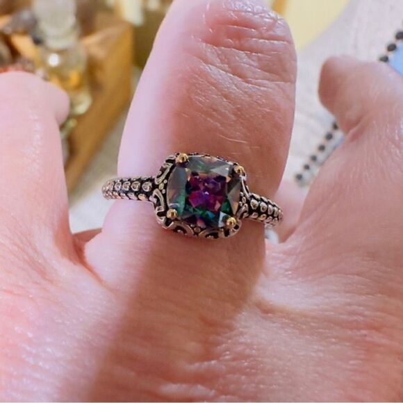 Sterling Silver Celtic Rainbow Topaz Cushion CZ Ring - Picture 2 of 10
